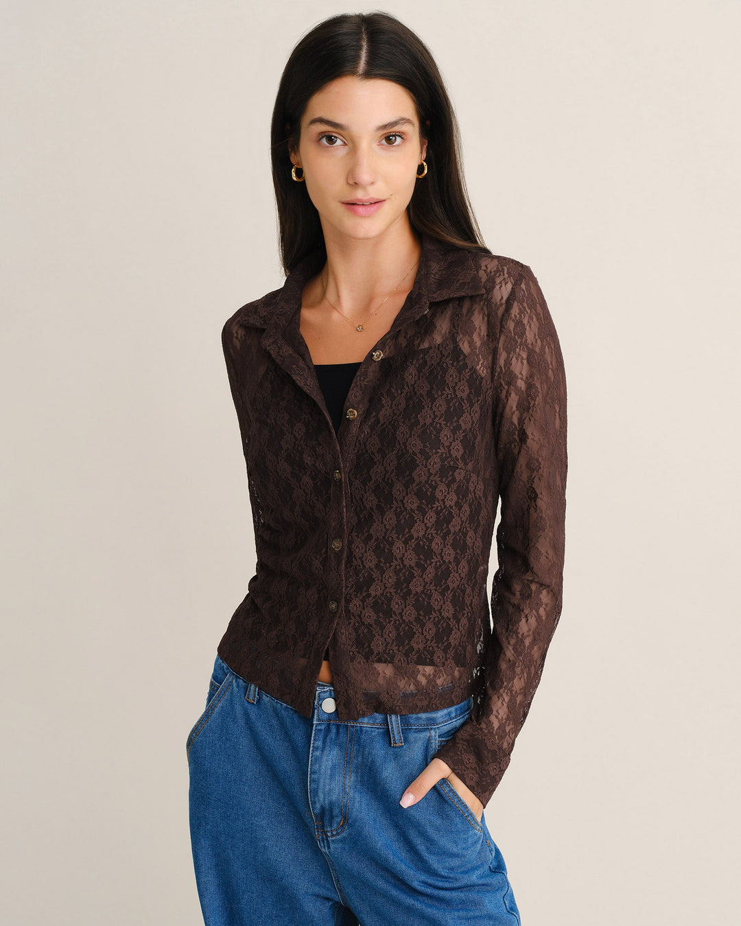 Blouse à Boutons Florale en Dentelle Marron