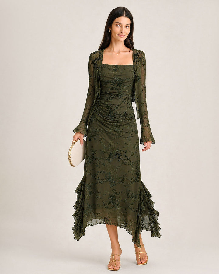 Blouse Fleurie à Manches Cloches Vertes avec Nœud