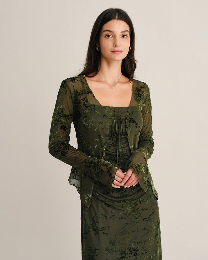 Blouse Fleurie à Manches Cloches Vertes avec Nœud