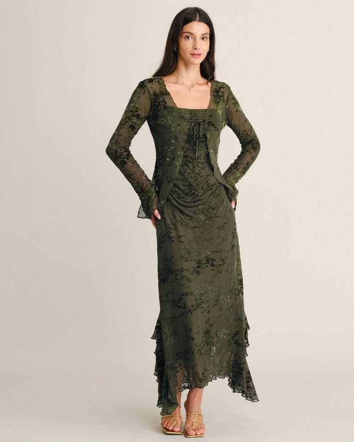 Blouse Fleurie à Manches Cloches Vertes avec Nœud