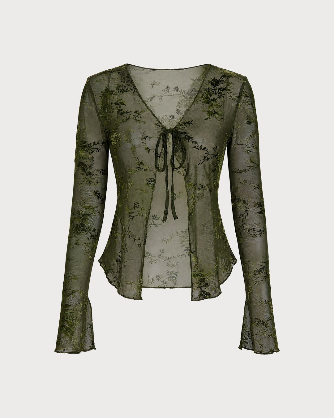 Blouse Fleurie à Manches Cloches Vertes avec Nœud