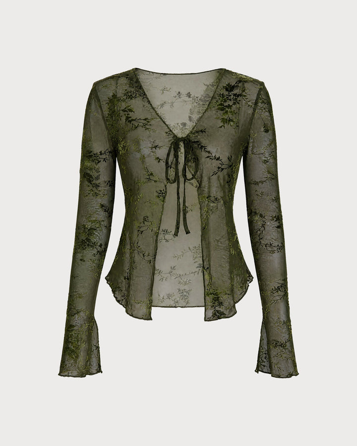 Blouse Fleurie à Manches Cloches Vertes avec Nœud