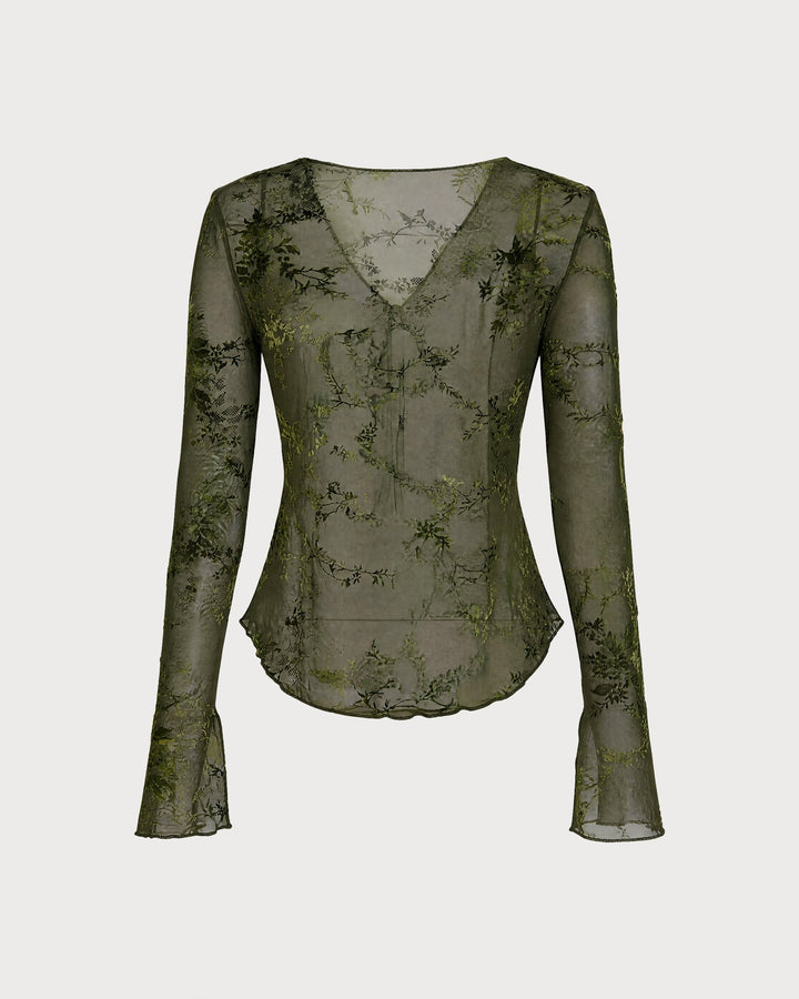 Blouse Fleurie à Manches Cloches Vertes avec Nœud