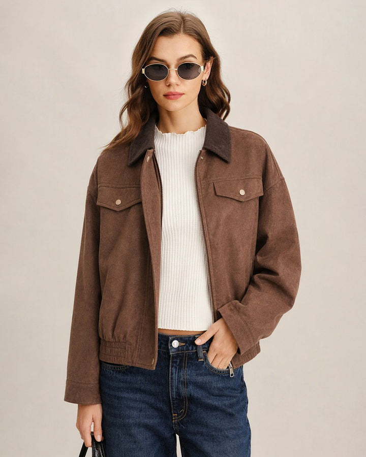 Veste Brune CAREN Unie avec Fermeture Éclair et Boutons