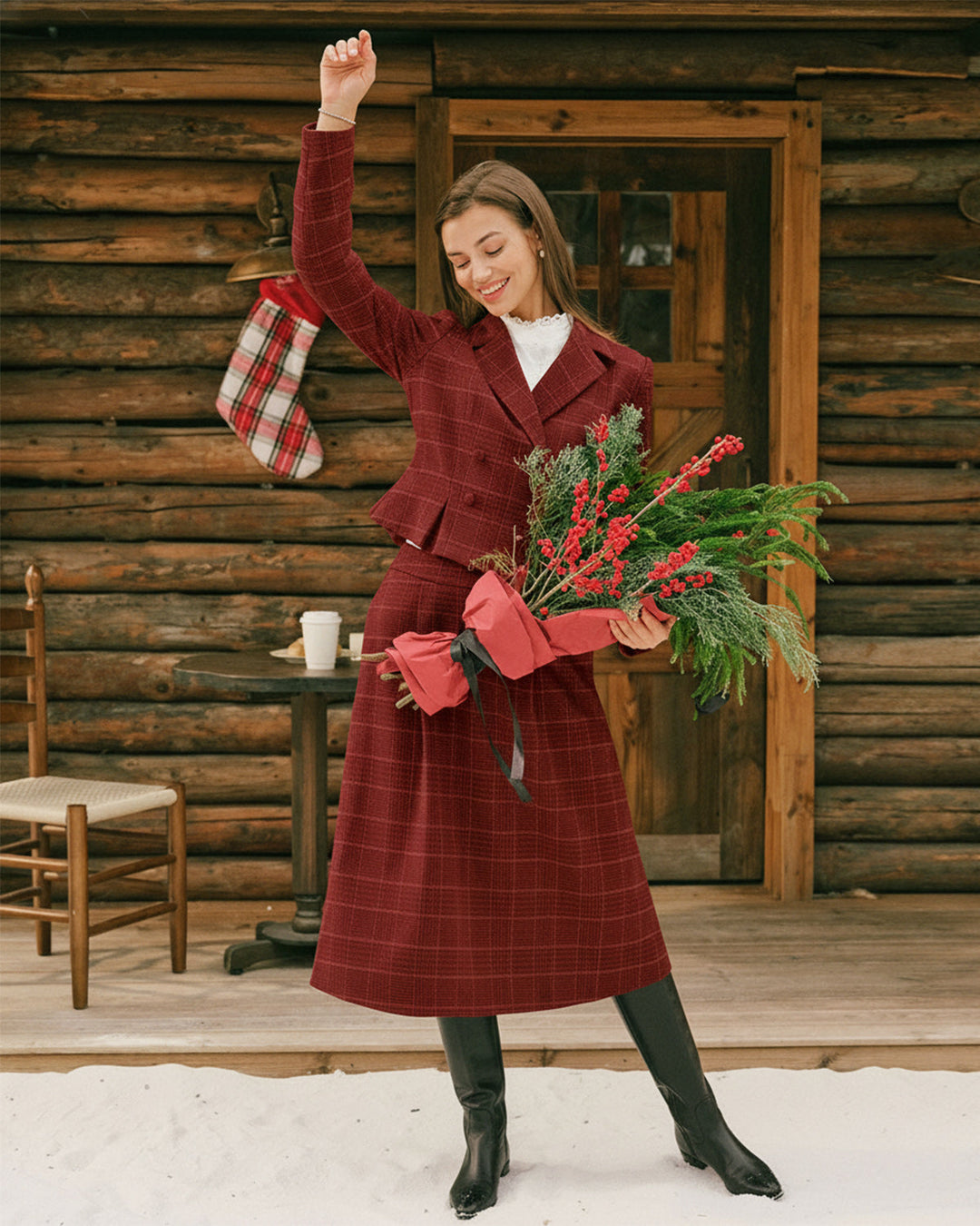 Veste à Double Boutonnage à Carreaux Rouges