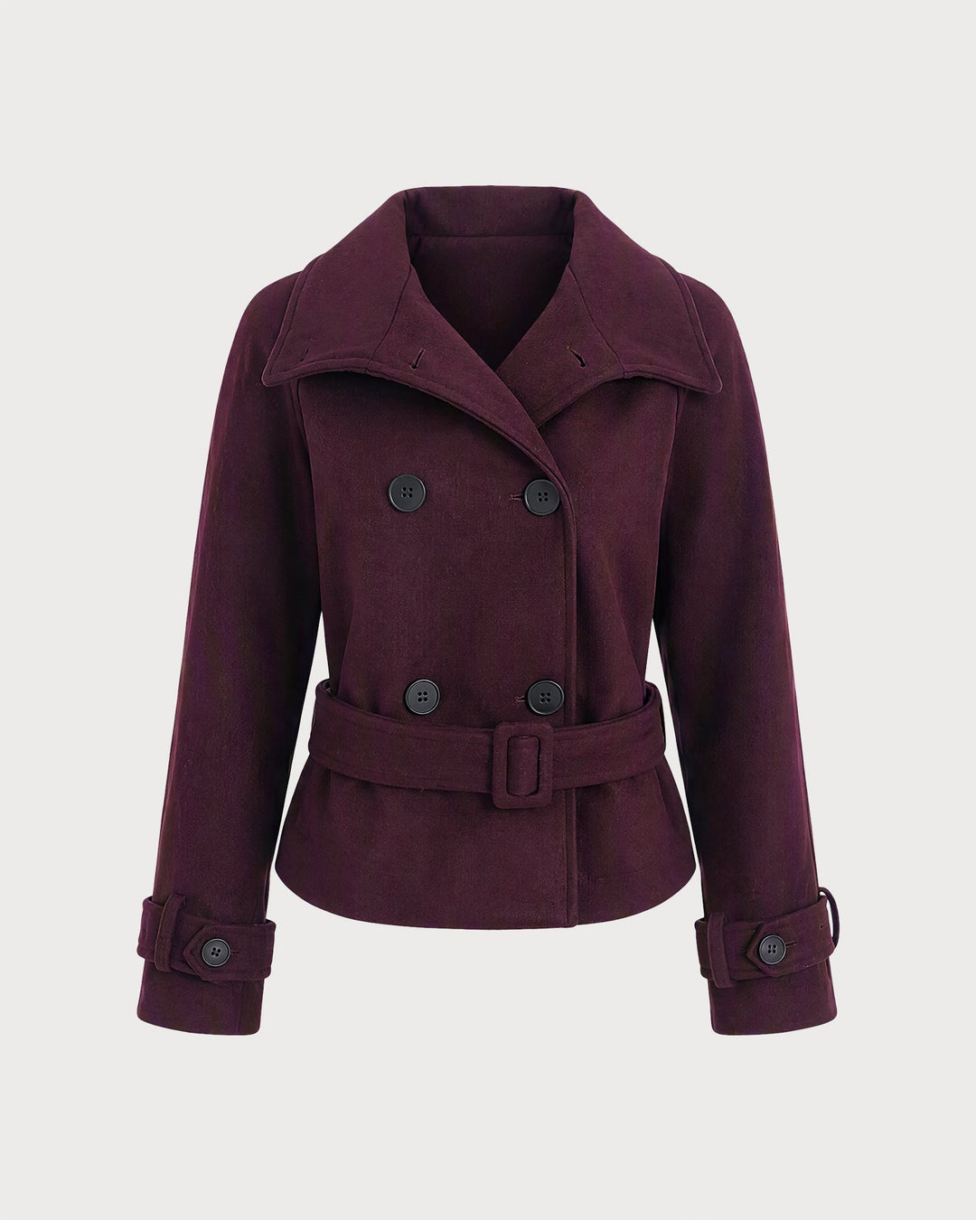 Manteau Ceinturé à Poches et Boutons Rouge Vin
