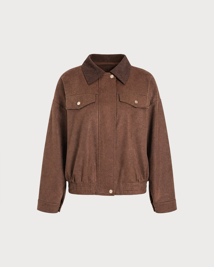Veste Brune CAREN Unie avec Fermeture Éclair et Boutons
