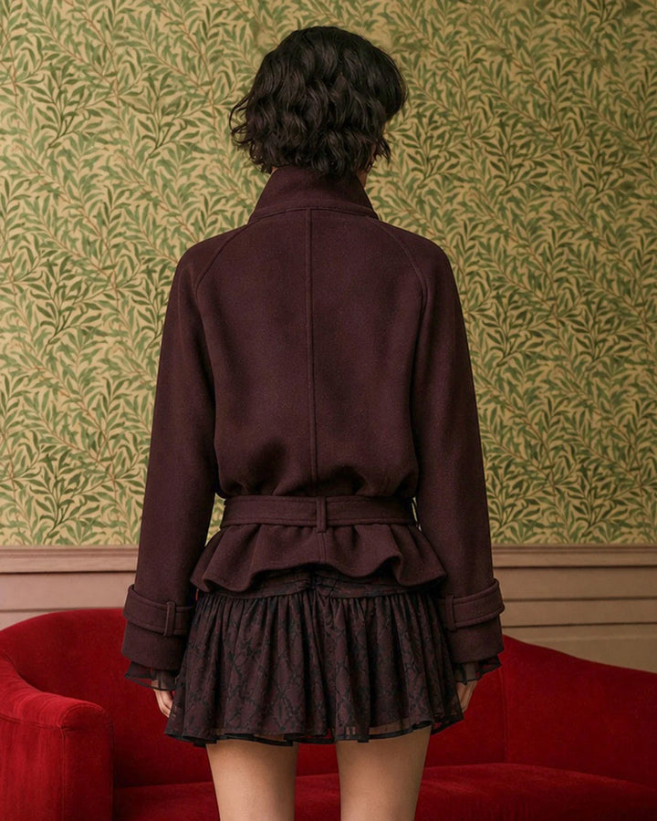 Manteau Ceinturé à Poches et Boutons Rouge Vin