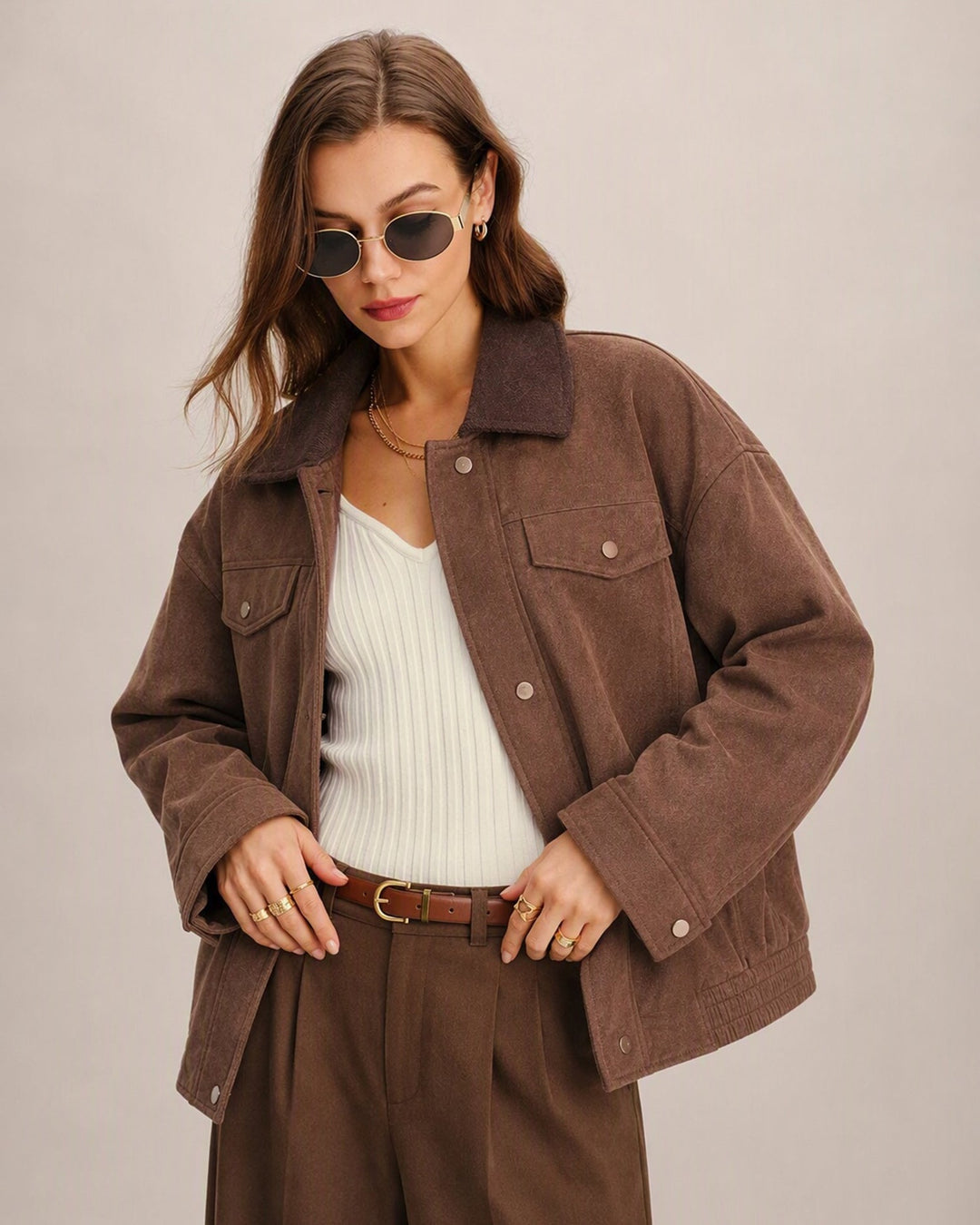 Veste Brune CAREN Unie avec Fermeture Éclair et Boutons