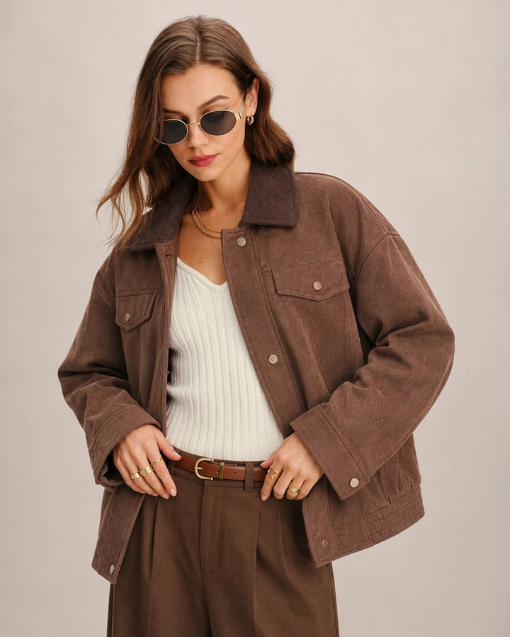 Veste Brune CAREN Unie avec Fermeture Éclair et Boutons