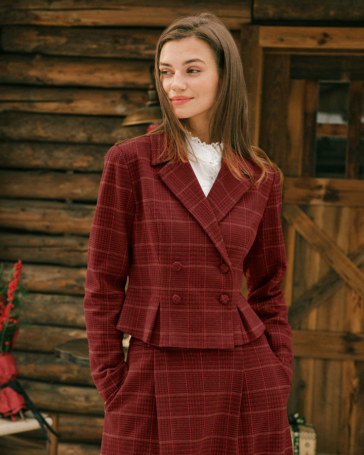 Veste à Double Boutonnage à Carreaux Rouges