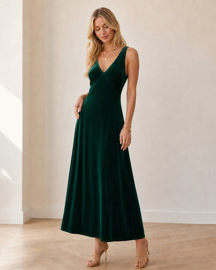 Robe Maxi Sans Manches en Velours Vert à Col V