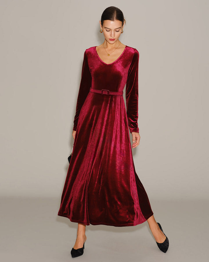 Robe Maxi V en Velours Rouge Vin