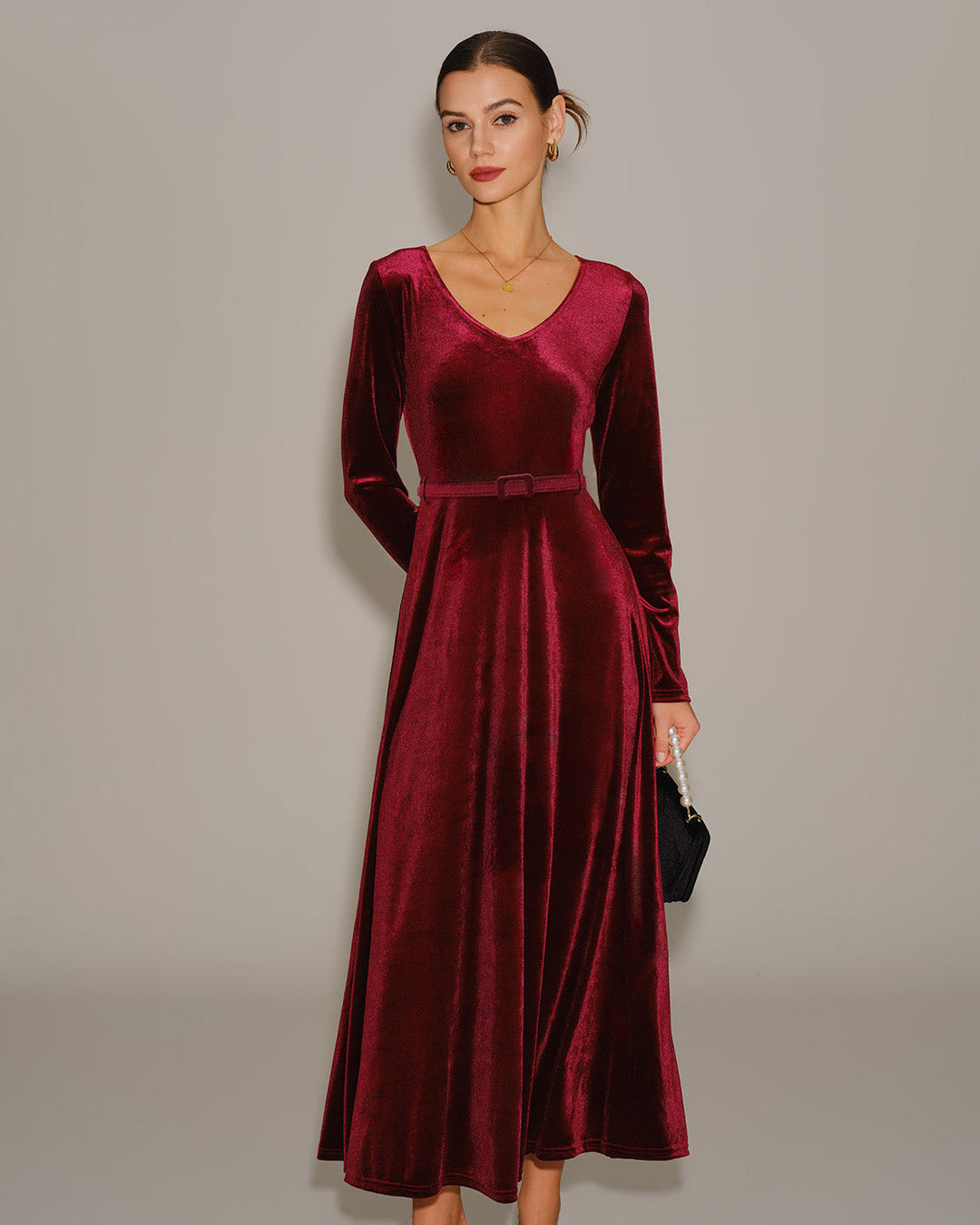 Robe Maxi V en Velours Rouge Vin