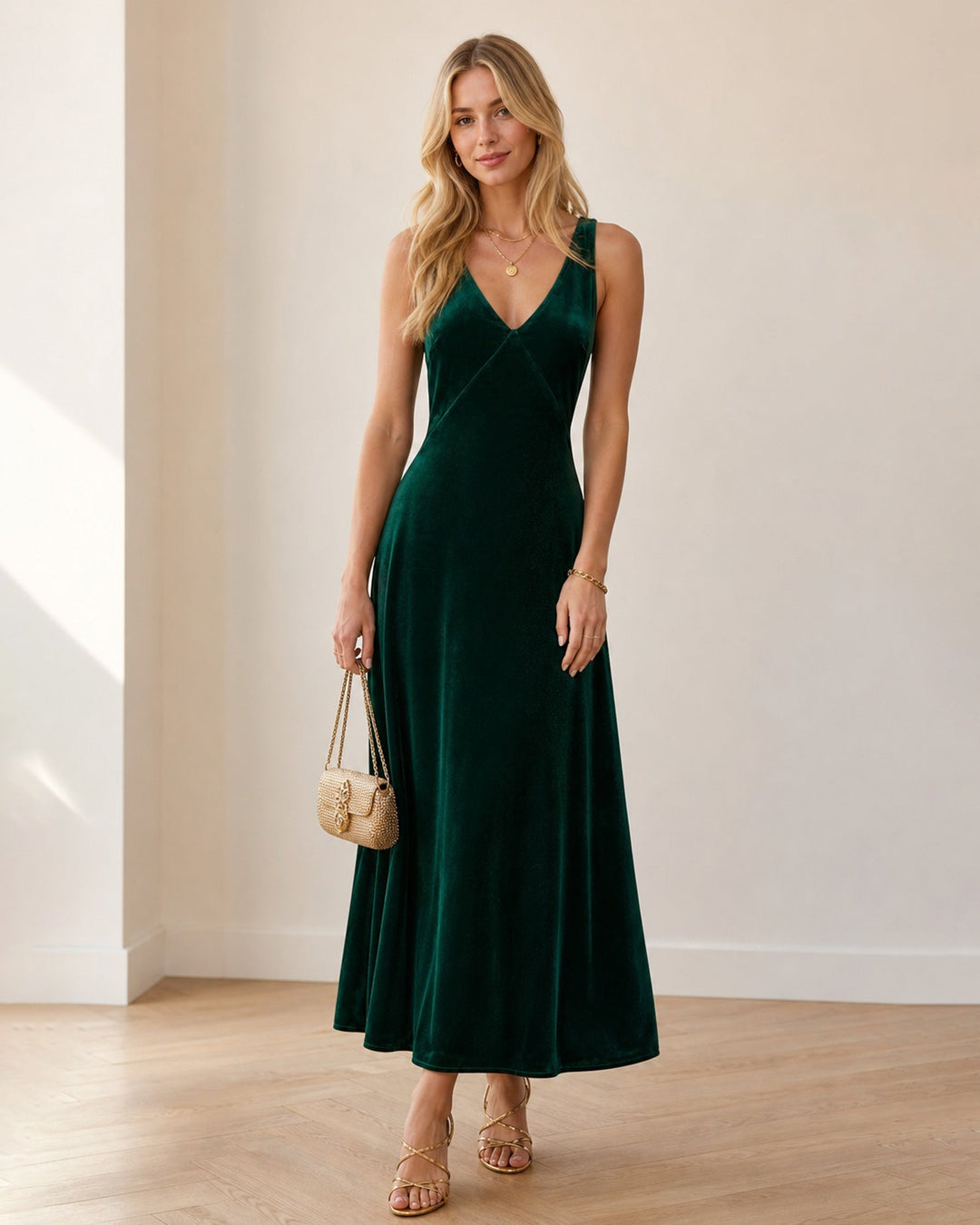 Robe Maxi Sans Manches en Velours Vert à Col V