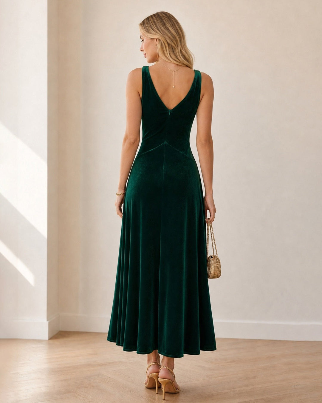 Robe Maxi Sans Manches en Velours Vert à Col V