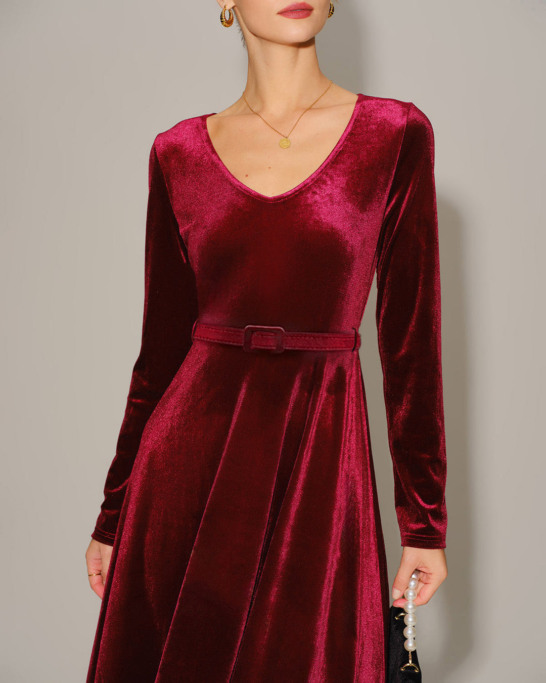 Robe Maxi V en Velours Rouge Vin