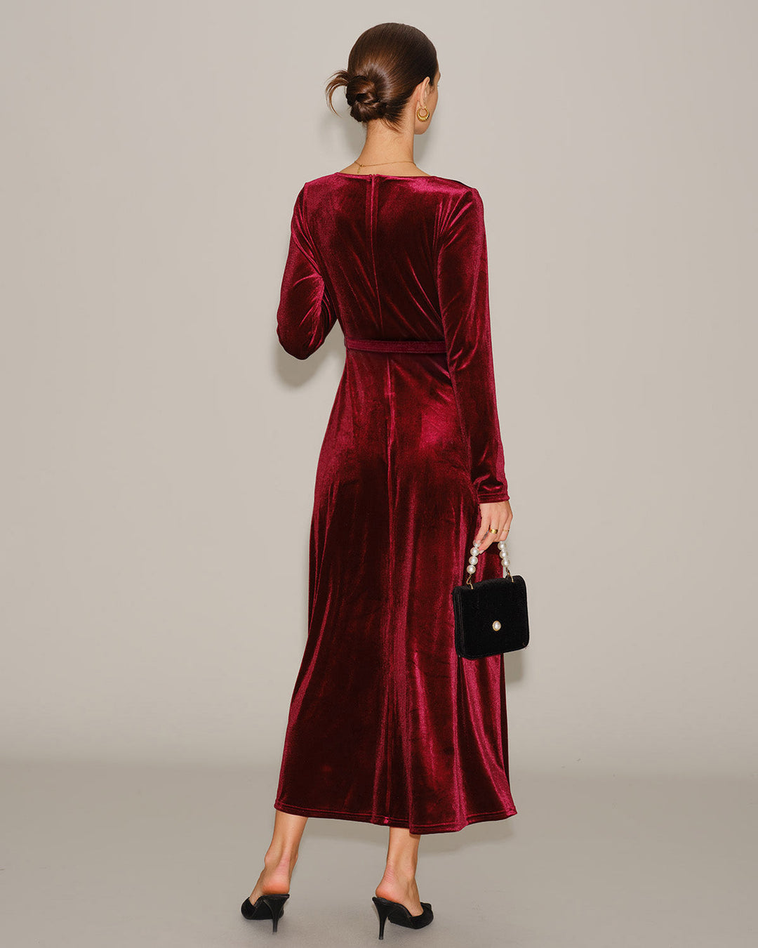 Robe Maxi V en Velours Rouge Vin