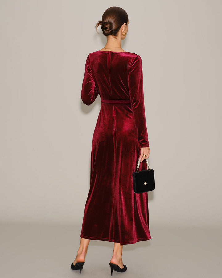 Robe Maxi V en Velours Rouge Vin