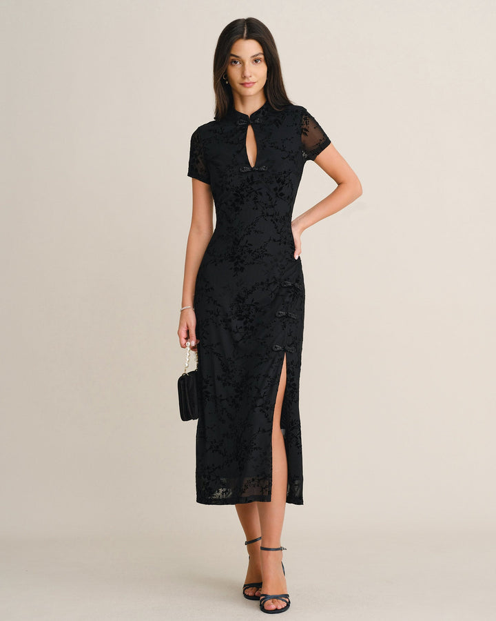 Robe Mi-Longue en Maille à Fleurs Noires avec Fente