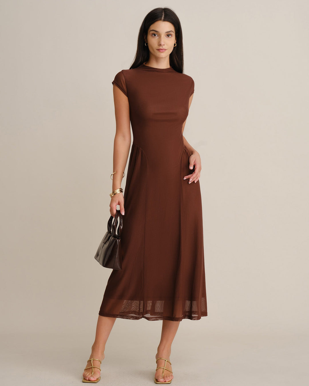 Robe Midi en Maille à Col Montant Café