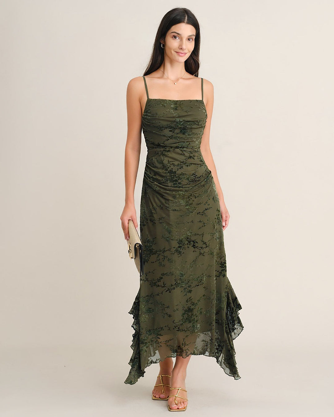Robe Midi en Tulle à Fleurs Vertes avec Volants