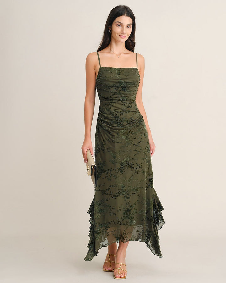 Robe Midi en Tulle à Fleurs Vertes avec Volants