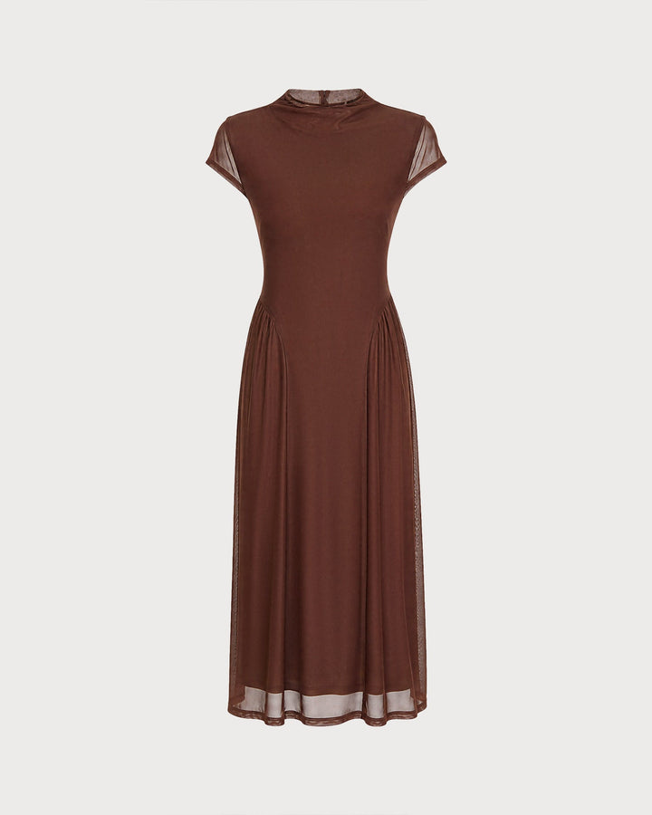 Robe Midi en Maille à Col Montant Café