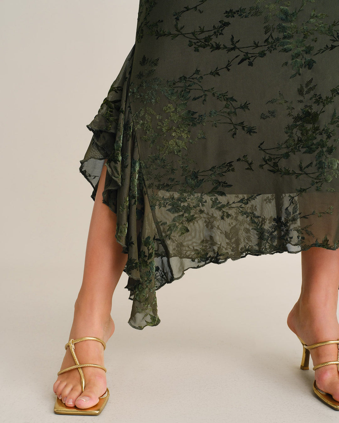 Robe Midi en Tulle à Fleurs Vertes avec Volants