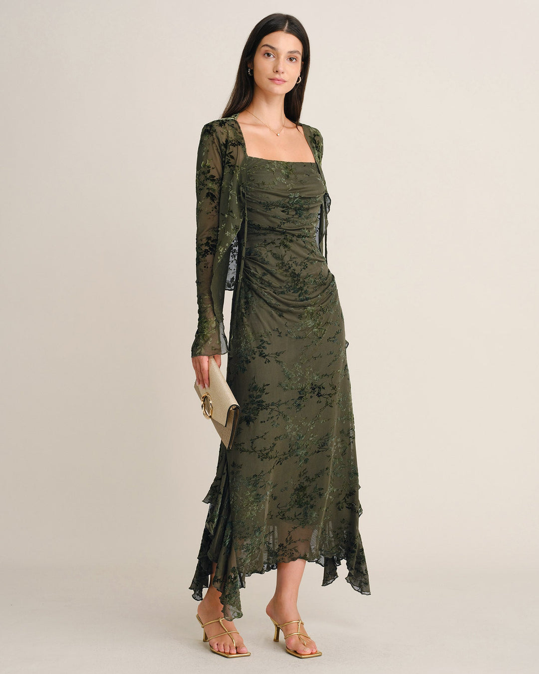 Robe Midi en Tulle à Fleurs Vertes avec Volants