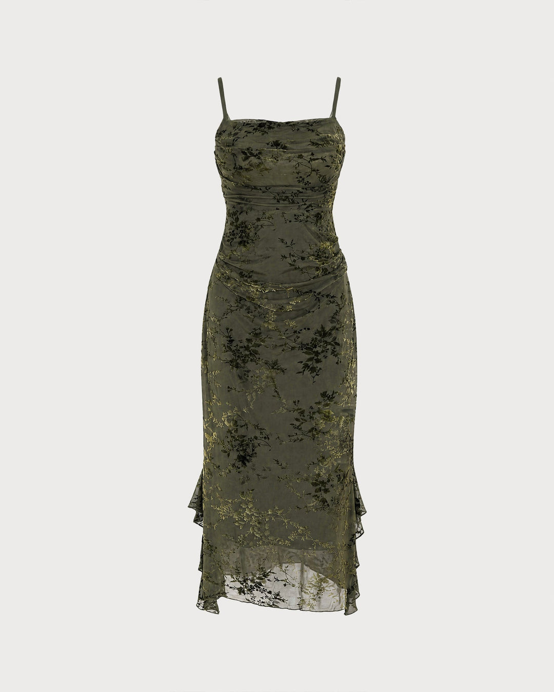 Robe Midi en Tulle à Fleurs Vertes avec Volants