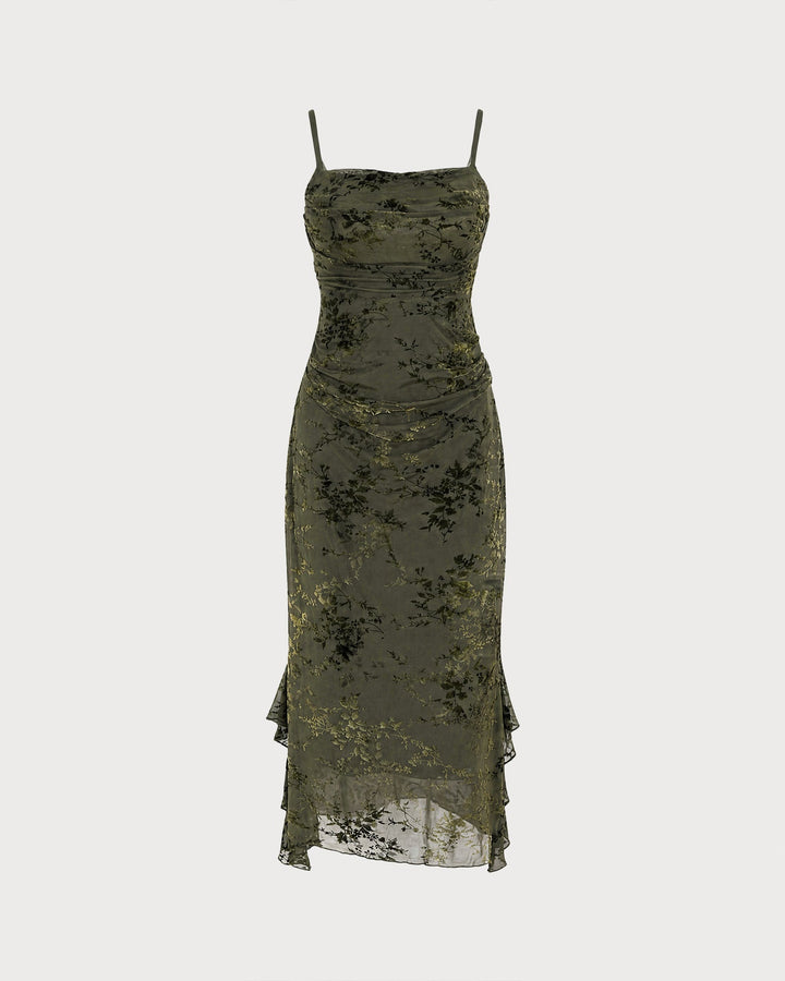Robe Midi en Tulle à Fleurs Vertes avec Volants
