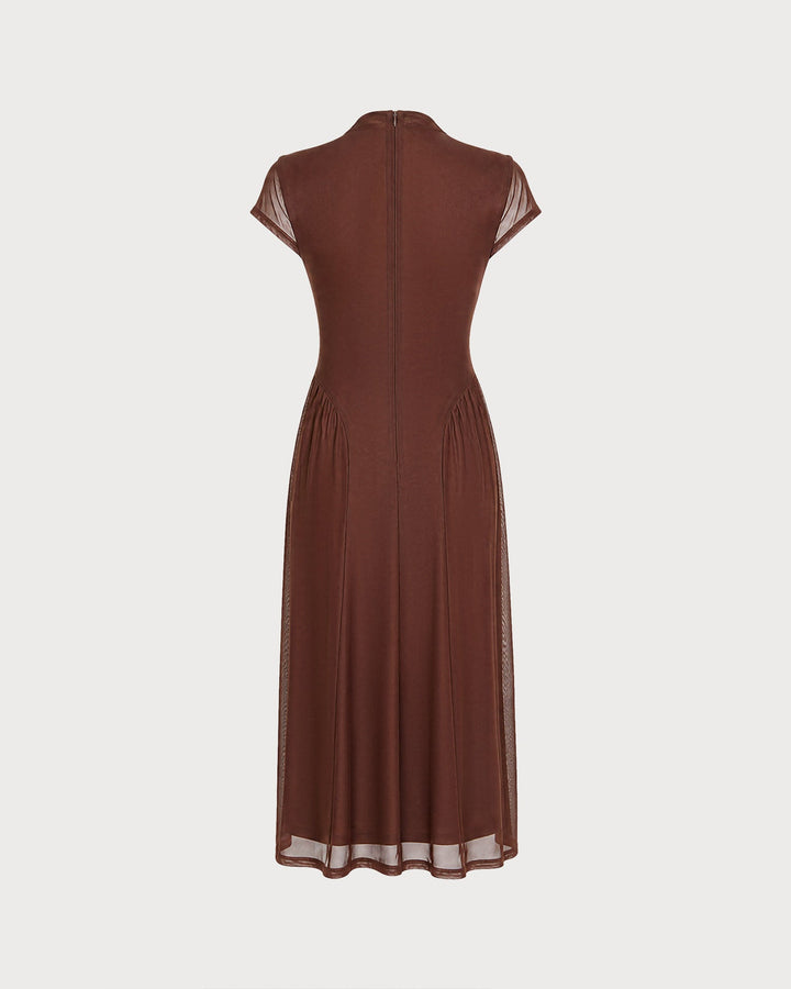 Robe Midi en Maille à Col Montant Café