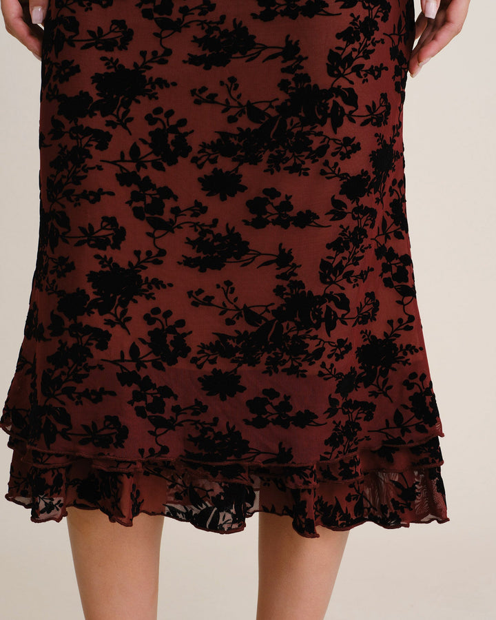 Robe Midi Sirène à Volants Florale Rouge Vin