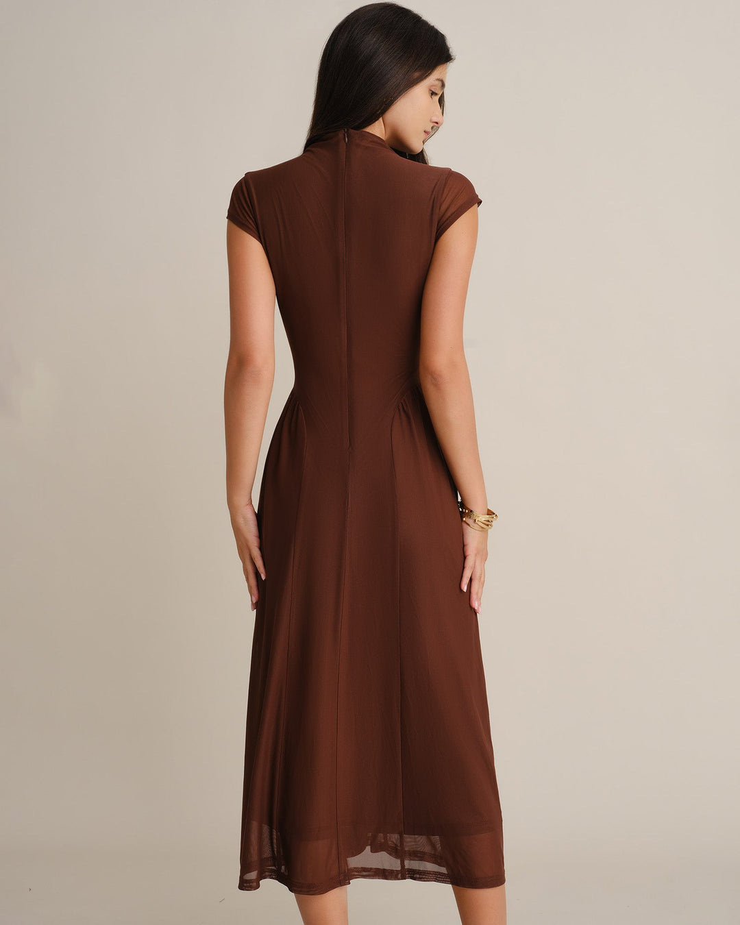 Robe Midi en Maille à Col Montant Café