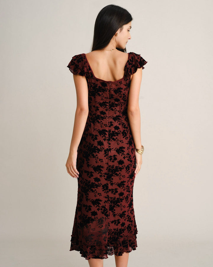 Robe Midi Sirène à Volants Florale Rouge Vin