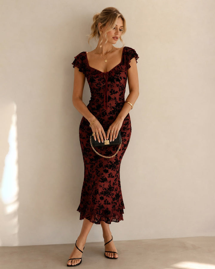 Robe Midi Sirène à Volants Florale Rouge Vin