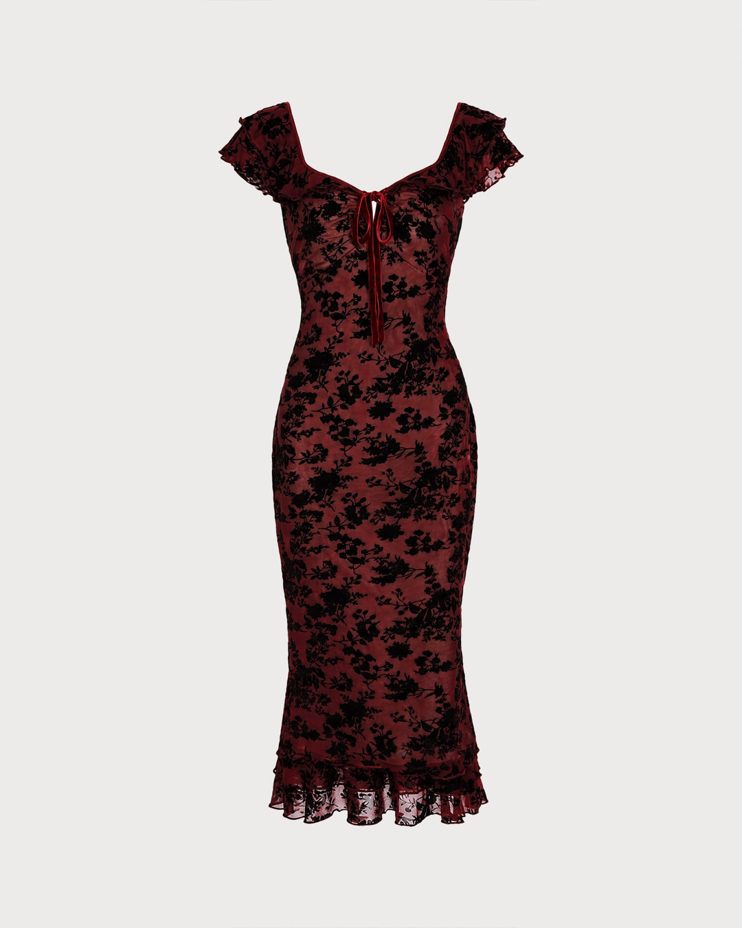 Robe Midi Sirène à Volants Florale Rouge Vin