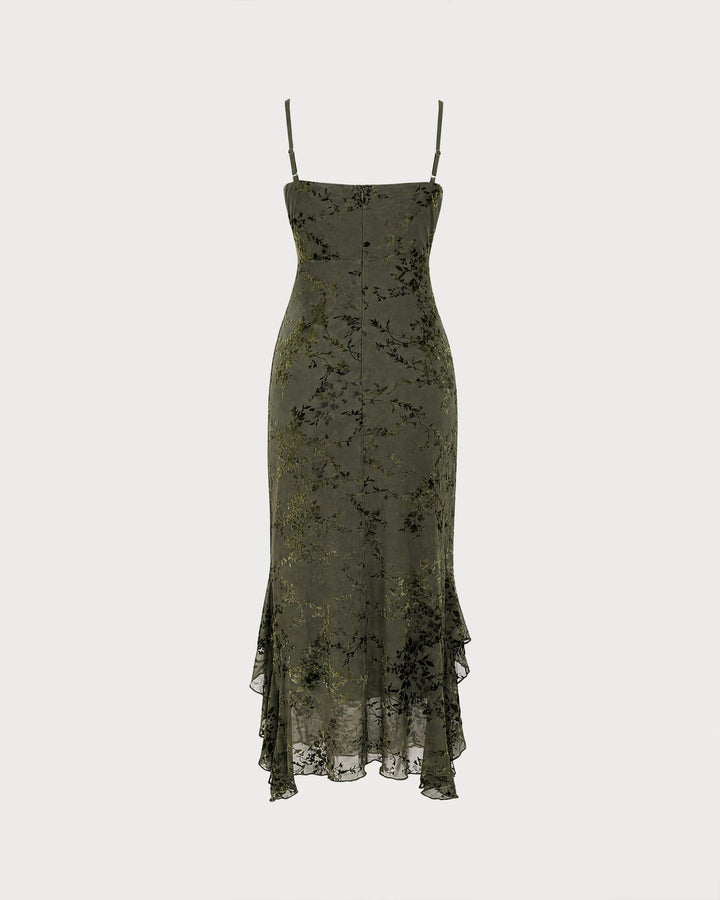 Robe Midi en Tulle à Fleurs Vertes avec Volants