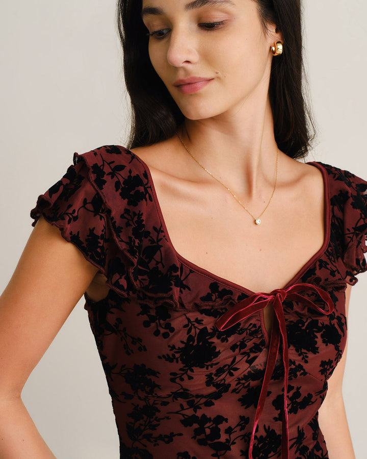 Robe Midi Sirène à Volants Florale Rouge Vin