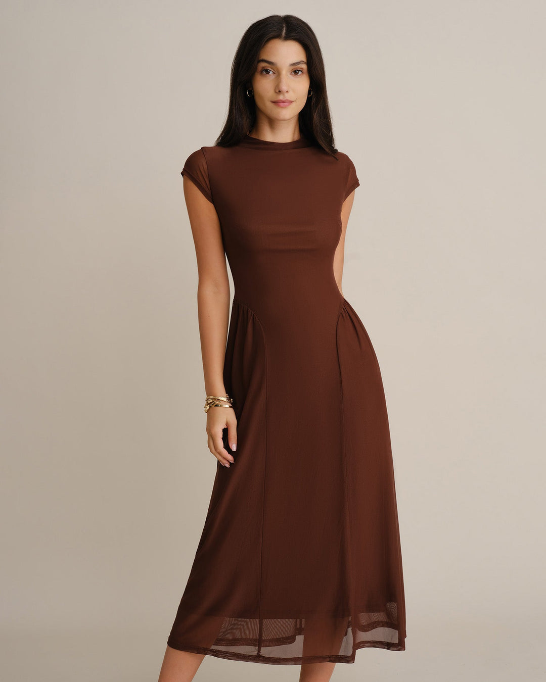Robe Midi en Maille à Col Montant Café