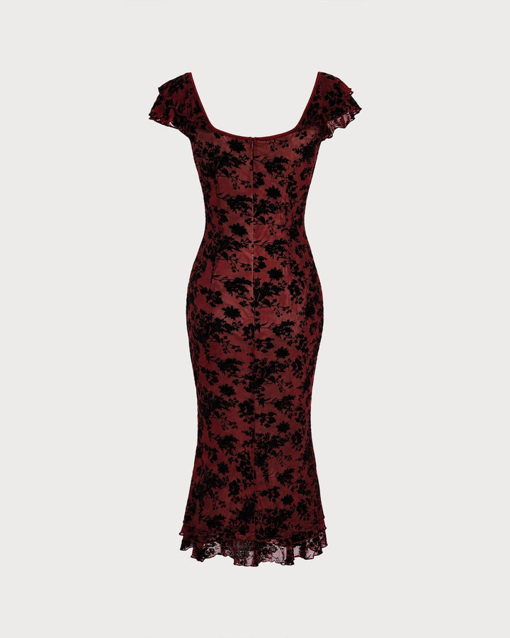 Robe Midi Sirène à Volants Florale Rouge Vin