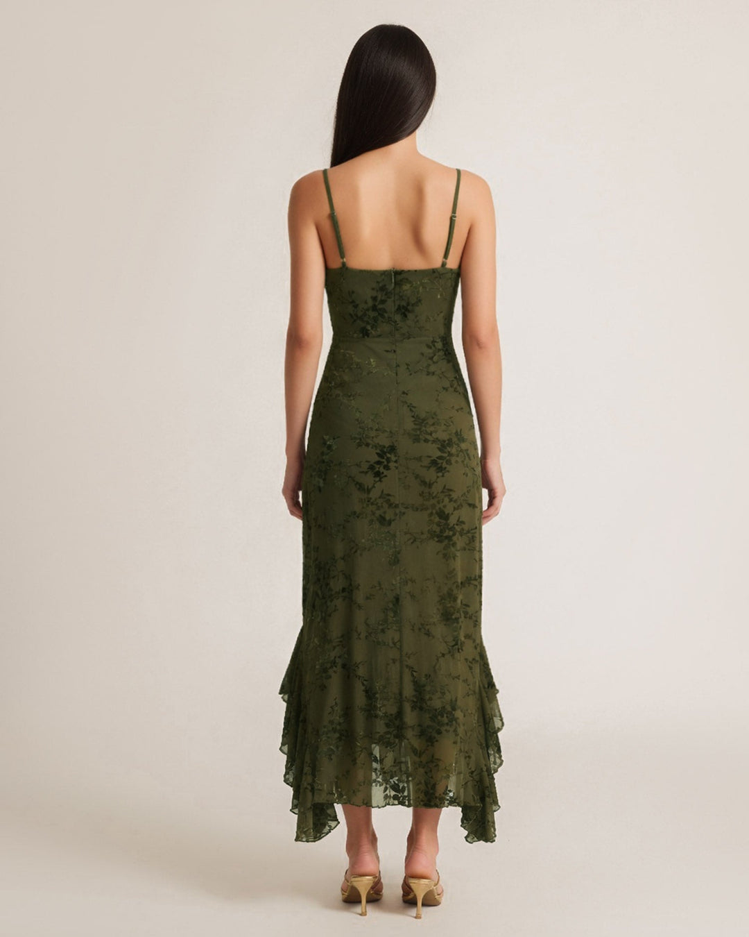 Robe Midi en Tulle à Fleurs Vertes avec Volants