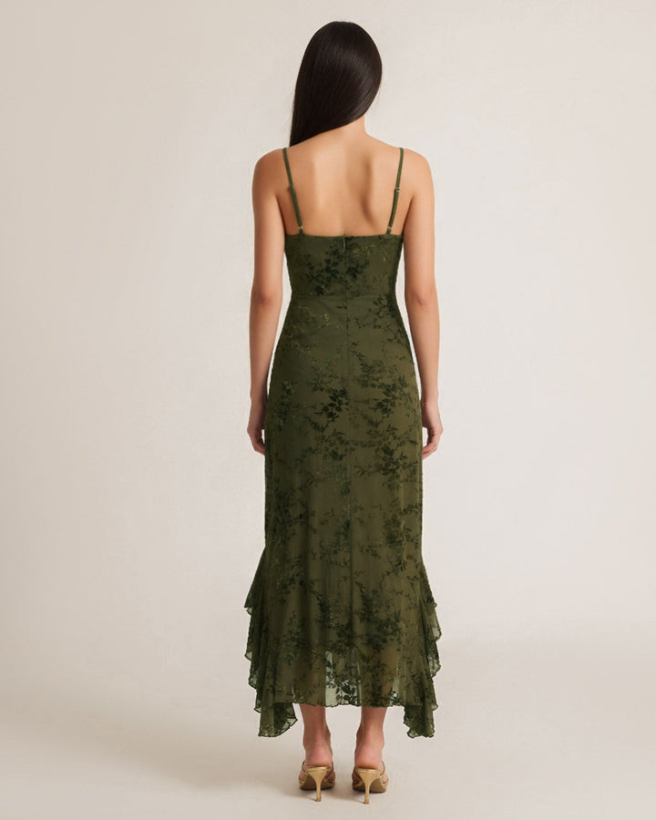 Robe Midi en Tulle à Fleurs Vertes avec Volants