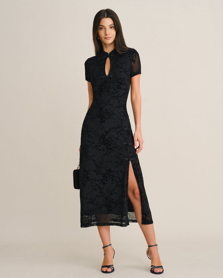 Robe Mi-Longue en Maille à Fleurs Noires avec Fente