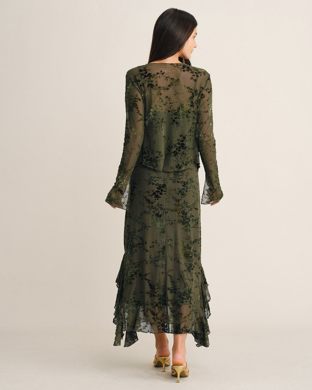 Robe Midi en Tulle à Fleurs Vertes avec Volants