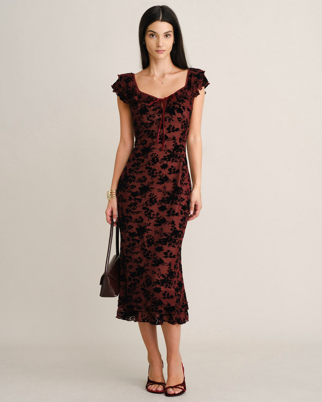 Robe Midi Sirène à Volants Florale Rouge Vin