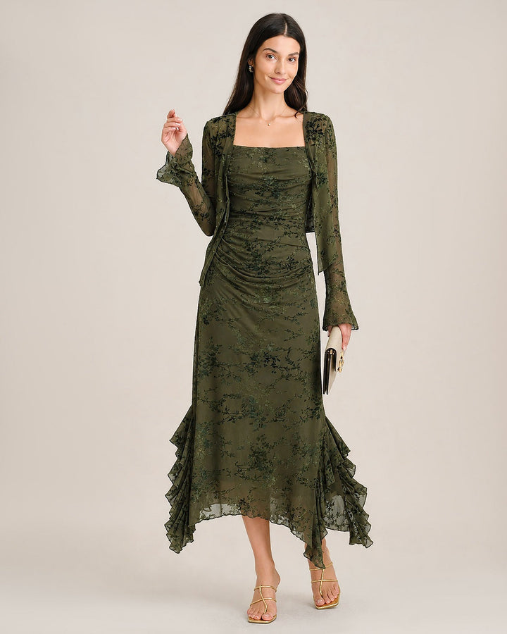 Robe Midi en Tulle à Fleurs Vertes avec Volants