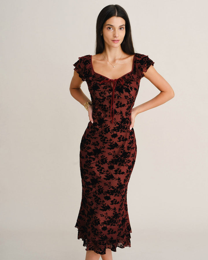 Robe Midi Sirène à Volants Florale Rouge Vin