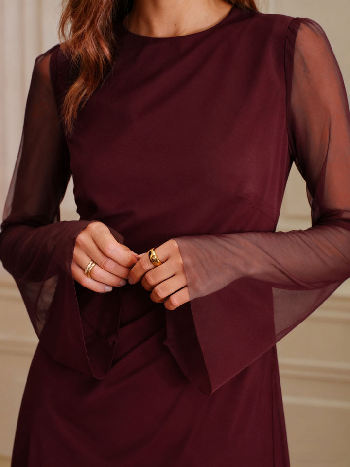 Robe Mini en Maille Rouge Vin à Col Bateau